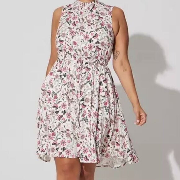 Floral Sleeveless High-Neck Dress With Pockets By Torrid Size 2 White/Pink/Black - Picture 1 of 14